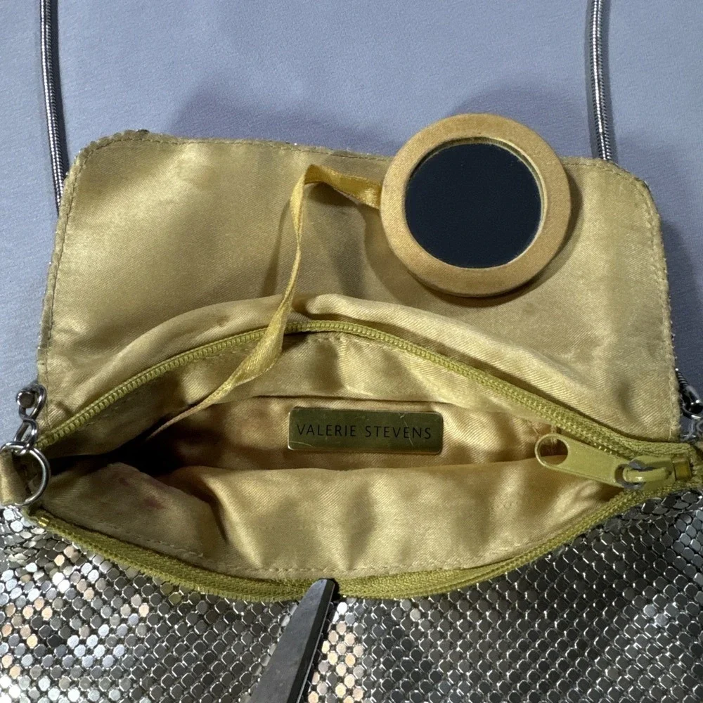 Valerie Stevens Silver Metal Mesh Evening Bag Metal Strap Mini Purse Mirror CUTE